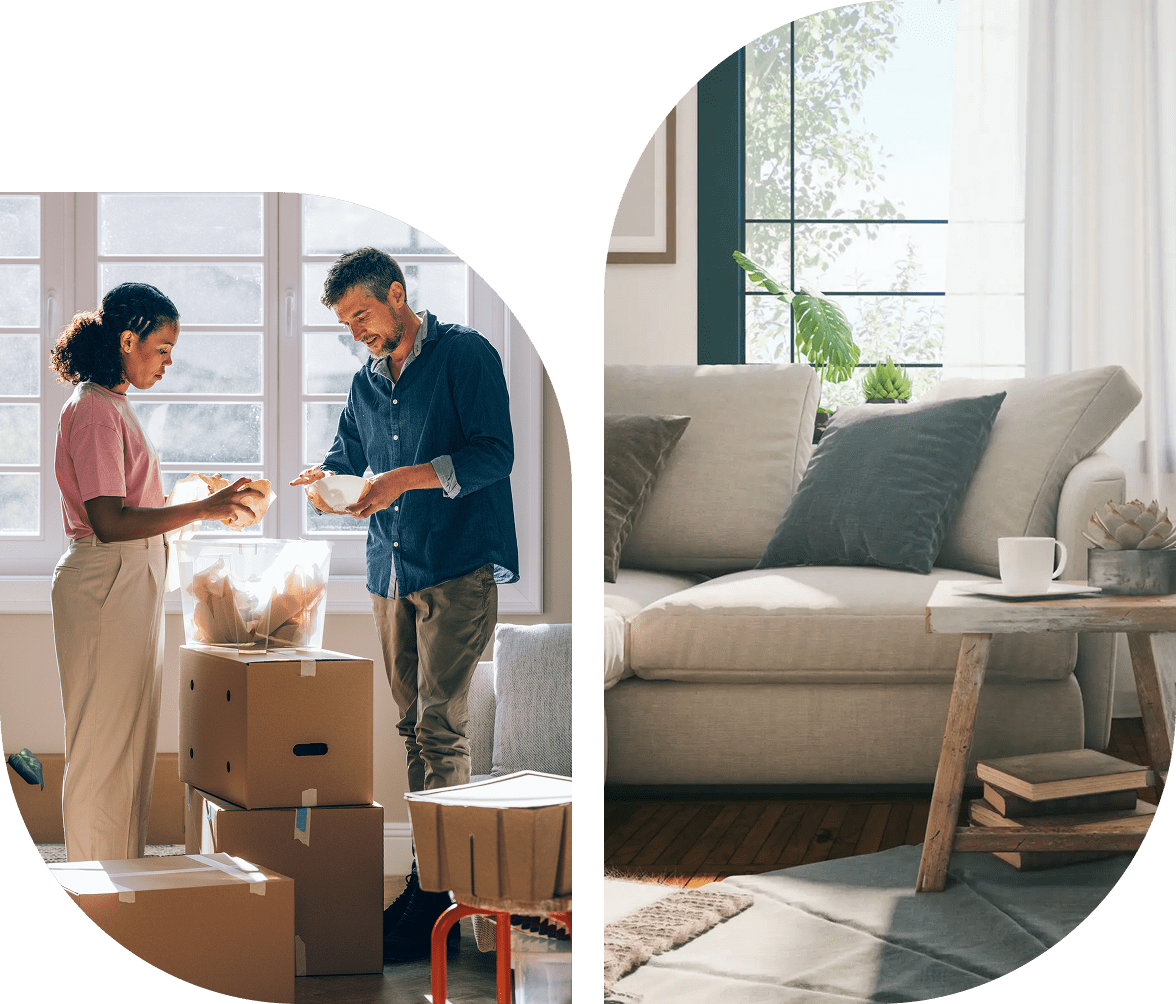 Couple unpacking boxes in a cozy living room with natural light.