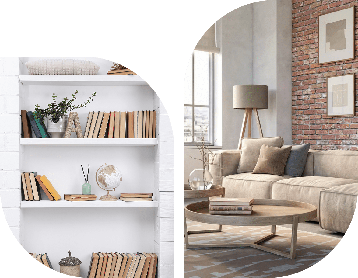 Cozy living room with beige sofa and decorative bookshelf.