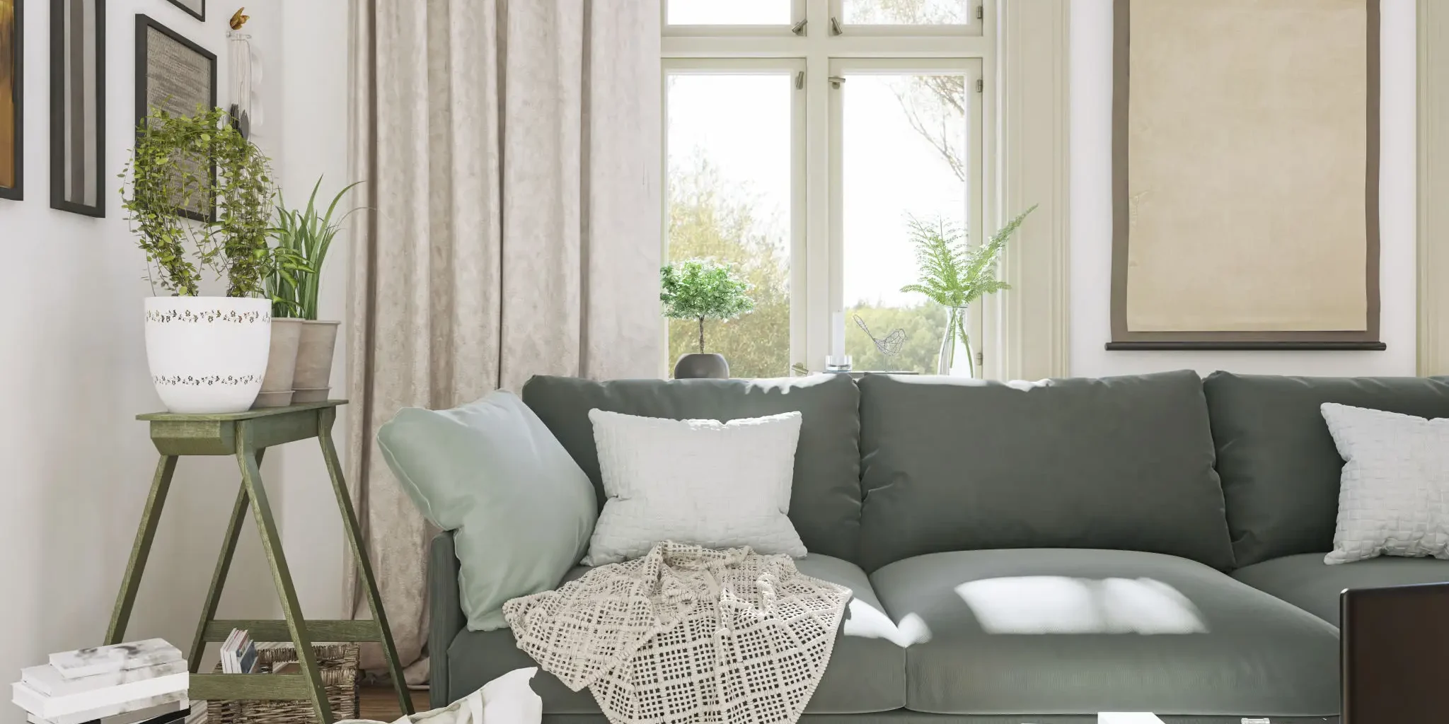 Cozy living room with gray sofa, soft pillows, and natural light.